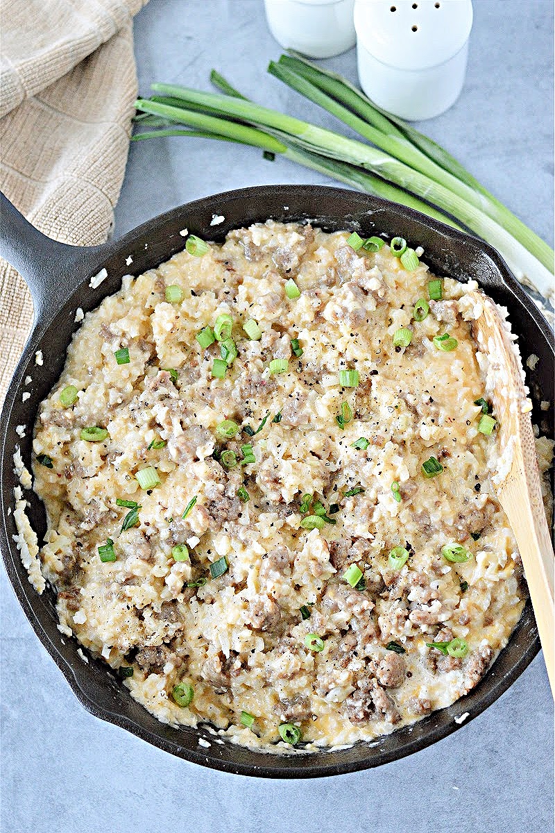 Keto Cheesy Cauliflower Rice With Sausage Easy Skillet Dinner Idea