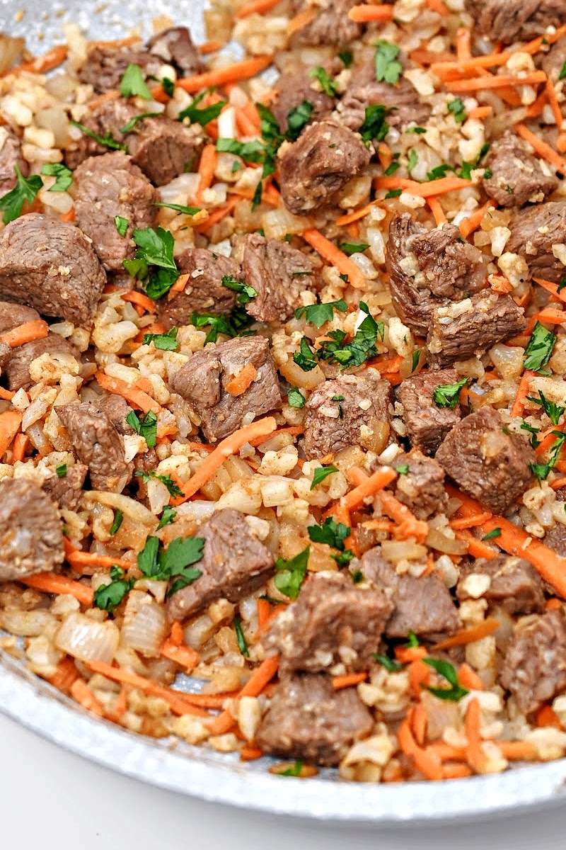 LowCarb Beef Cauliflower Rice Pilaf 3 Net Carbs Per Serving