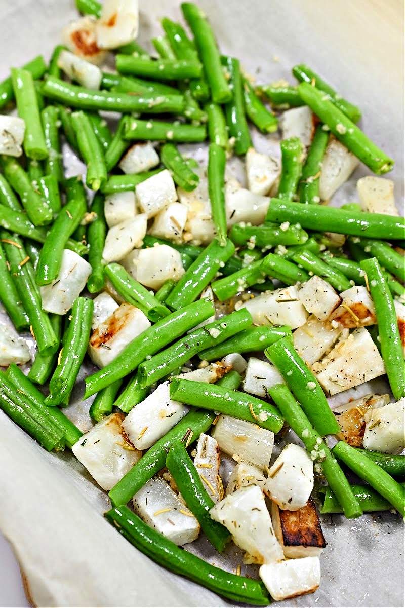 Keto Roasted Garlic Turnips and Green Beans With Bacon