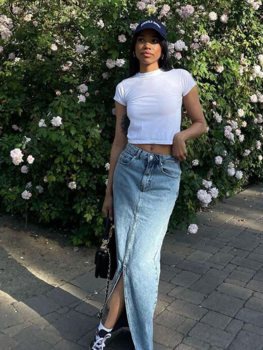 How to wear Long Denim Skirt Stylishmay