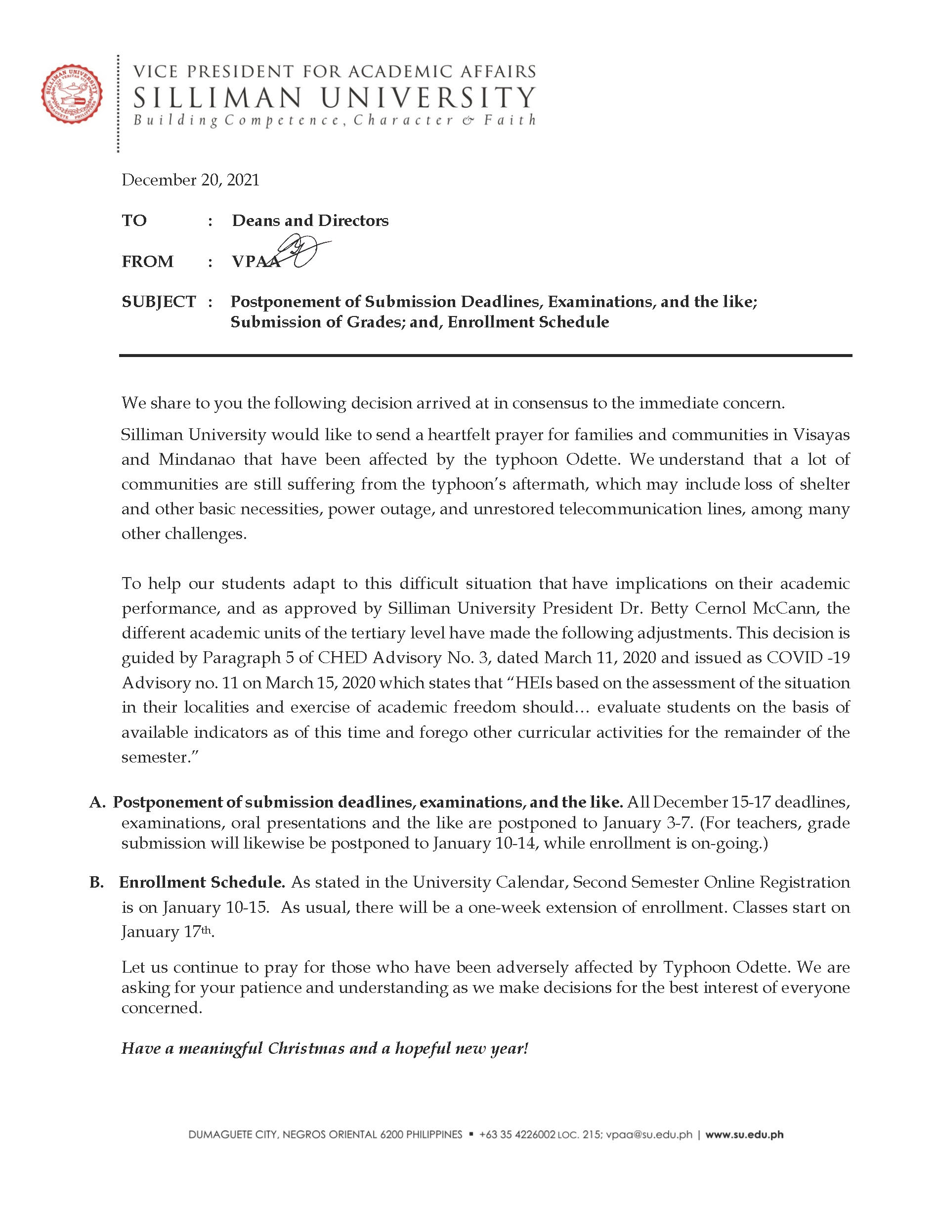 ANNOUNCEMENT Postponement of Submission Deadlines, Examinations, and