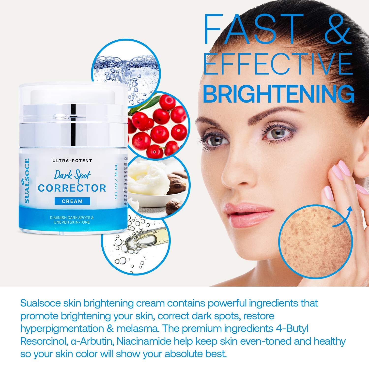 Sualsoce Dark Spot Corrector Cream for Face, Body, Bikini Area, and