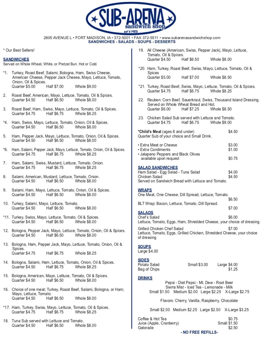 Sandwich Menu in Fort Madison, Iowa SubArena Sandwich Shop