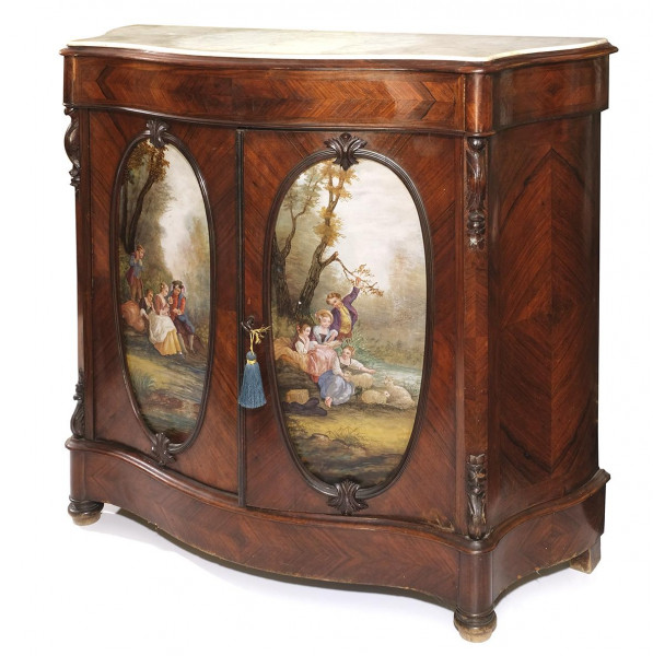 Mueble francés en madera de raiz, con sobre en mármol blanco y puertas