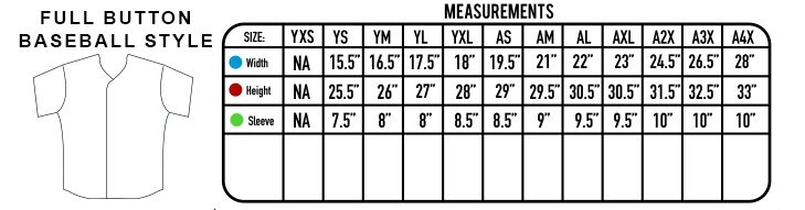 BASEBALL BUTTON DOWN SIZE CHART | Sublimation Kings