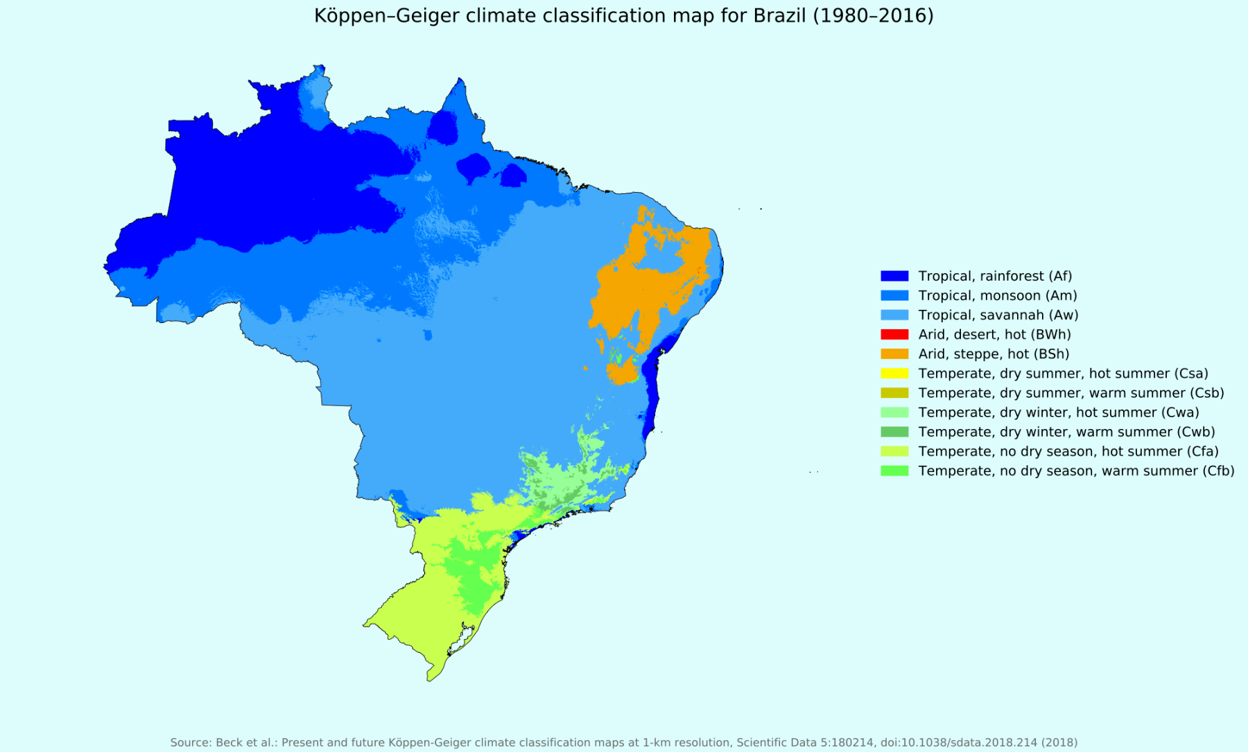 KöppenGeiger climate classification map for Brazil (19802016)