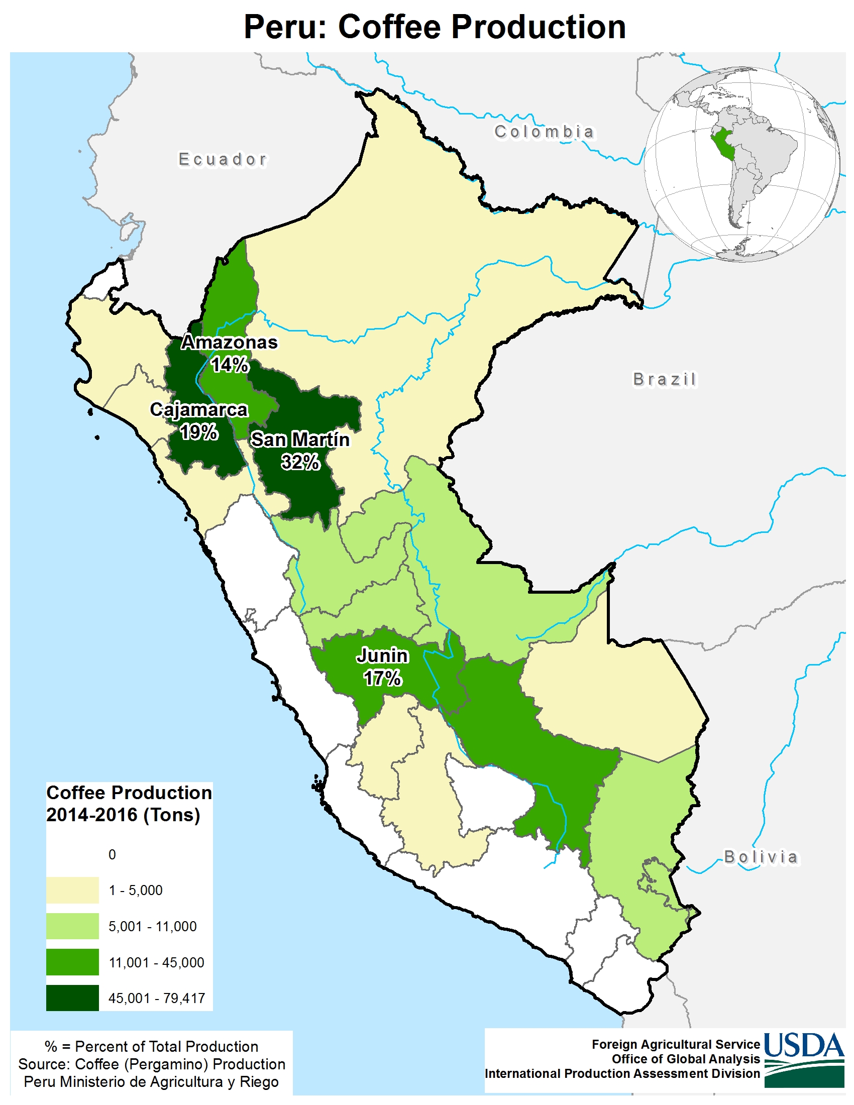 Coffee production map of Peru