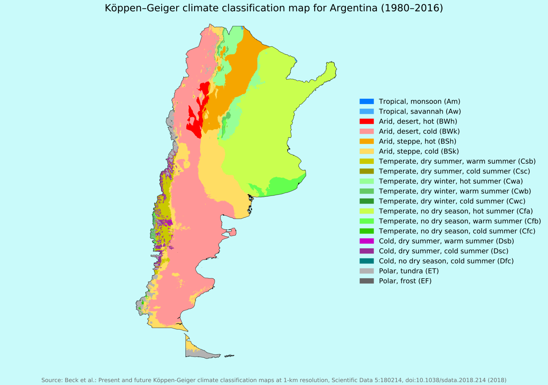 KöppenGeiger climate classification map for Argentina (19802016)