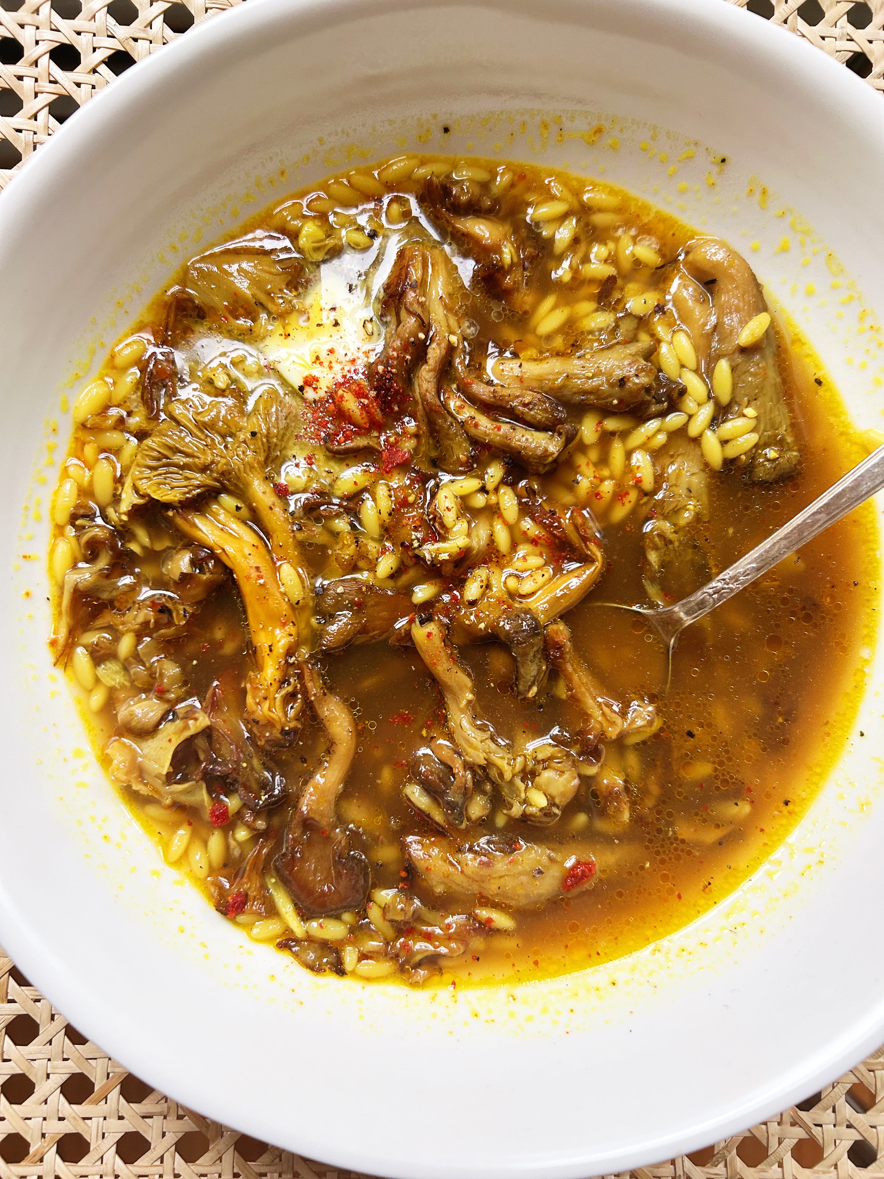 Golden Mushroom Soup with Buttered Orzo by Alison Roman