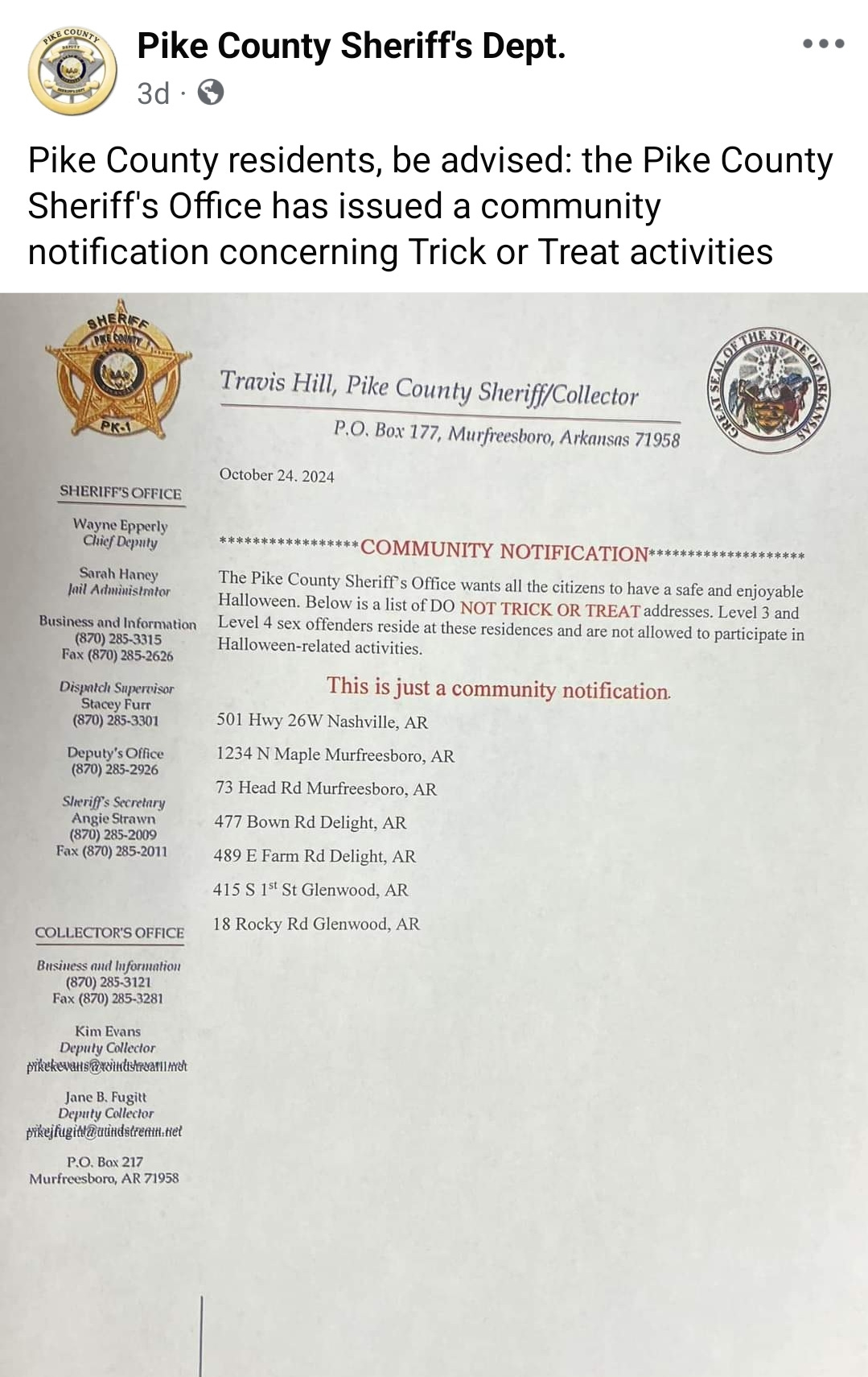 Pike County Sheriff’s Halloween Notice by Suzi Parker