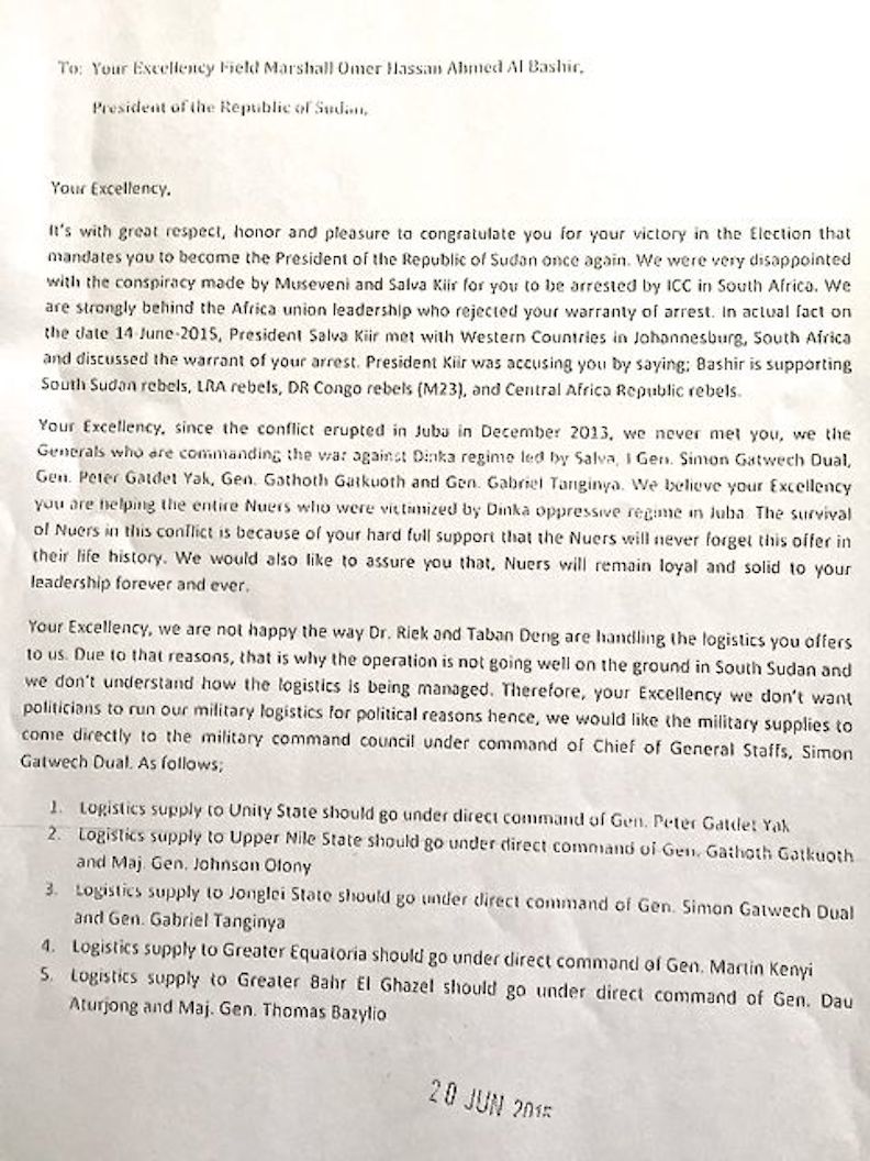 Text of letter from breakaway commanders in the SPLAiO, requesting