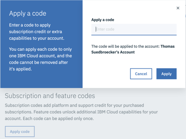 A promo code is used as a feature code IBM Cloud Thomas Suedbroecker