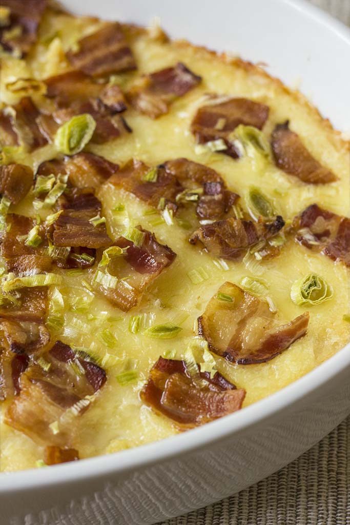 Twice Baked Potatoes Casserole with Cream Cheese, Bacon, and Garlic