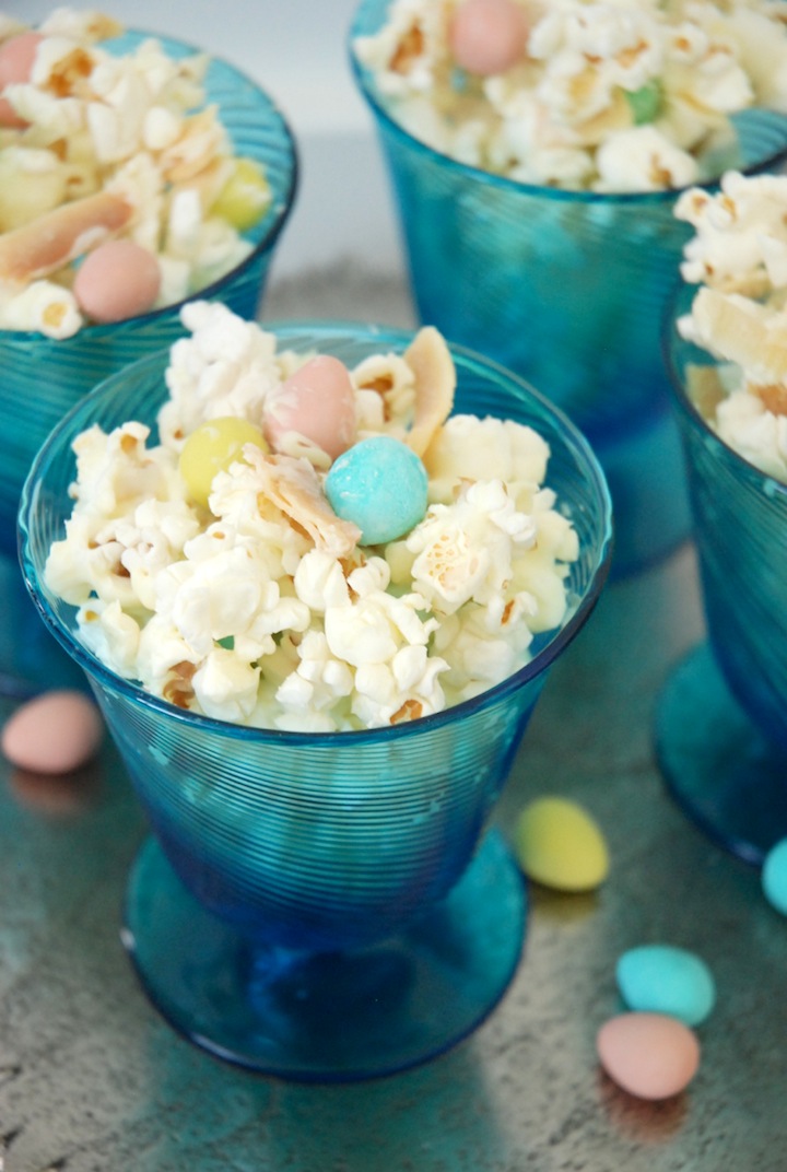 White Chocolate Coconut Popcorn with Mini Eggs Sugar Plum Sisters