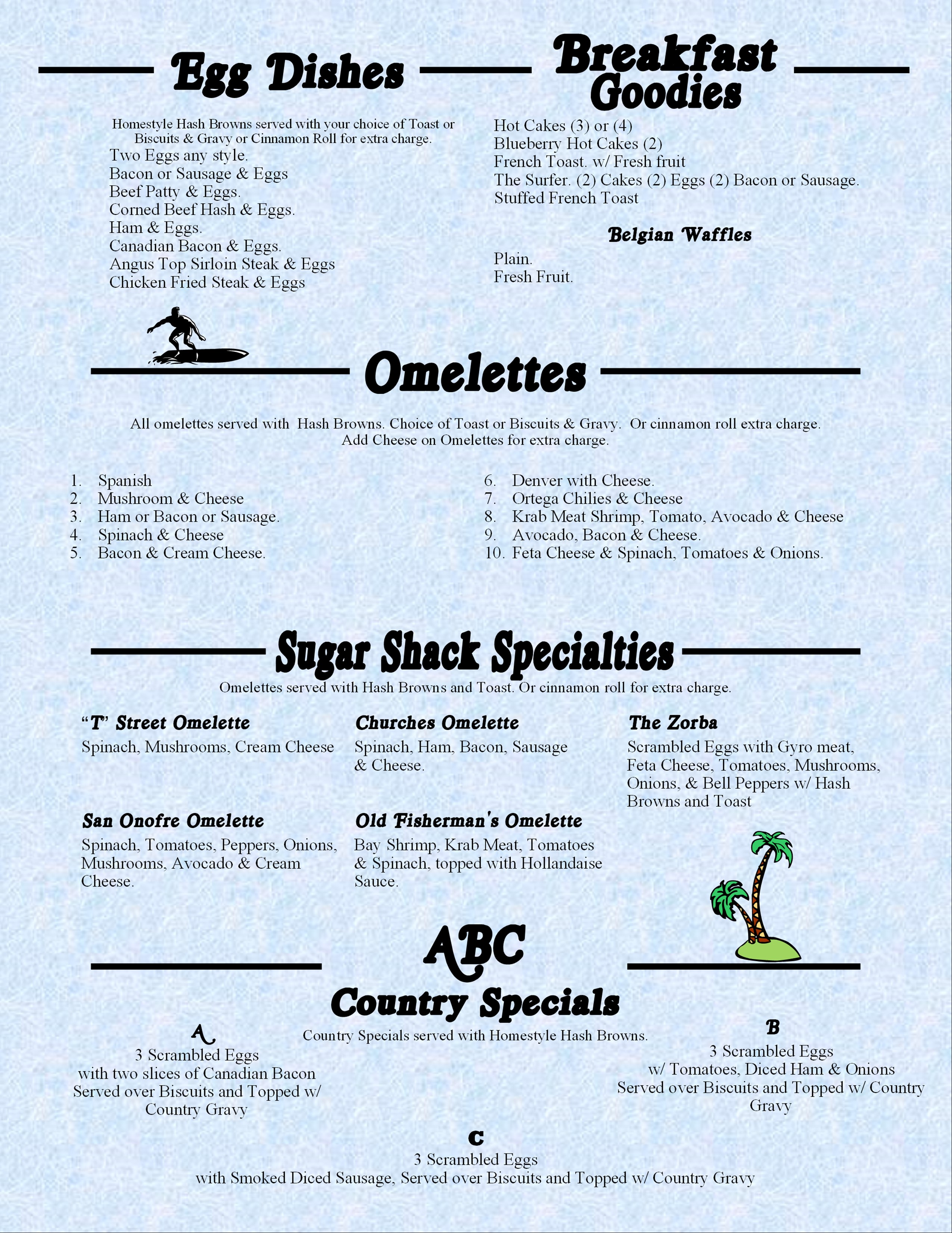Rose's Sugar Shack Cafe Breakfast Menu