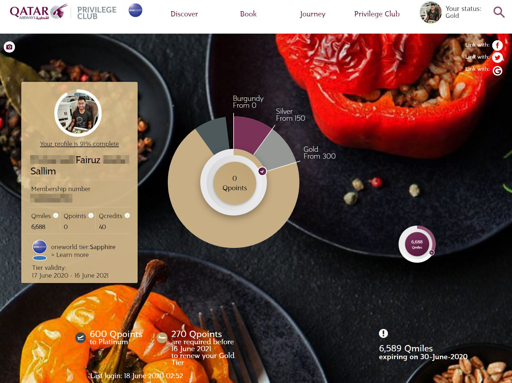 Qatar Airways Status Match Alaska Gold to Qatar Gold (oneworld