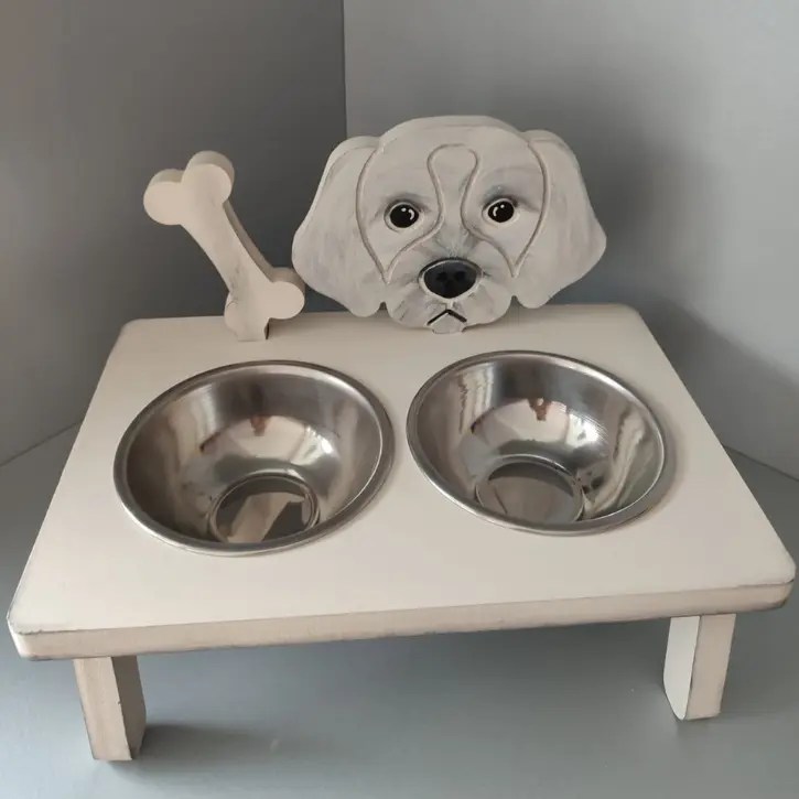 Wooden Raised Dog Food Stand with White Sultanbala