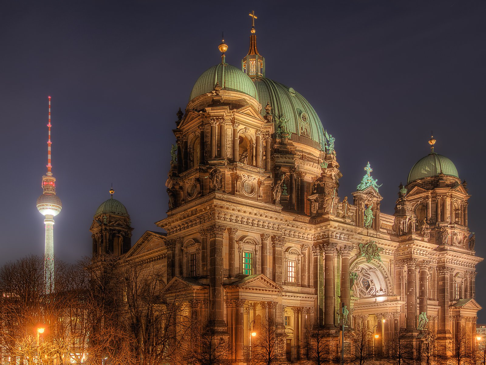 Berlin TV Tower and Berlin Cathedral at night