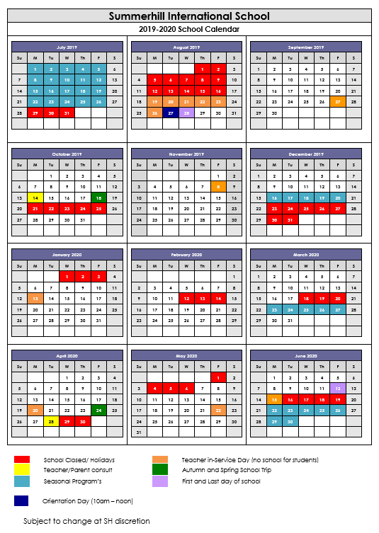 New School Year Calendar 20192020 Summerhill