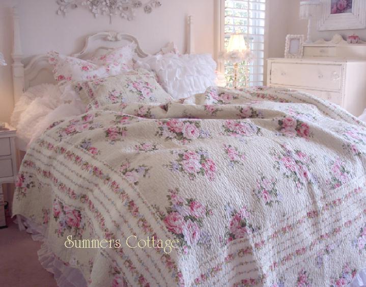 SHABBY COTTAGE FRENCH COUNTRY CHIC PINK ROSES QUEEN QUILT SET