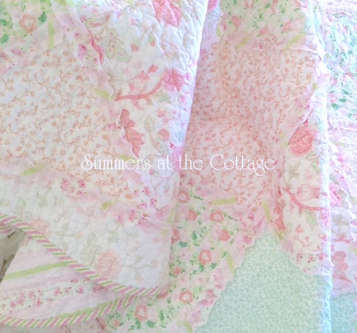 PASTEL PATCHWORK QUILT RUFFLES PINK ROSES MINT GREEN FLORAL QUILT SET