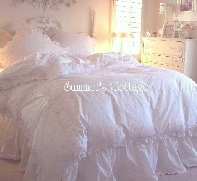 KING or CAL KING SHABBY COTTAGE CHIC WHITE RUFFLED BEDSKIRT DUST RUFFLE