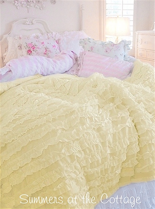 SHABBY SUNNY YELLOW COTTAGE CHIC RUFFLED COMFORTER SET