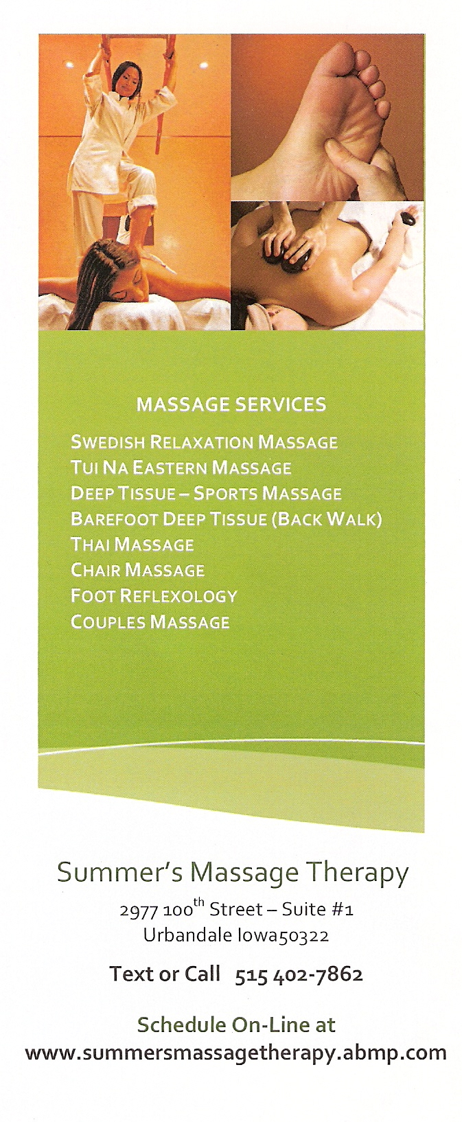 Summer's Massage Therapy for the most relaxing hour you'll have all week