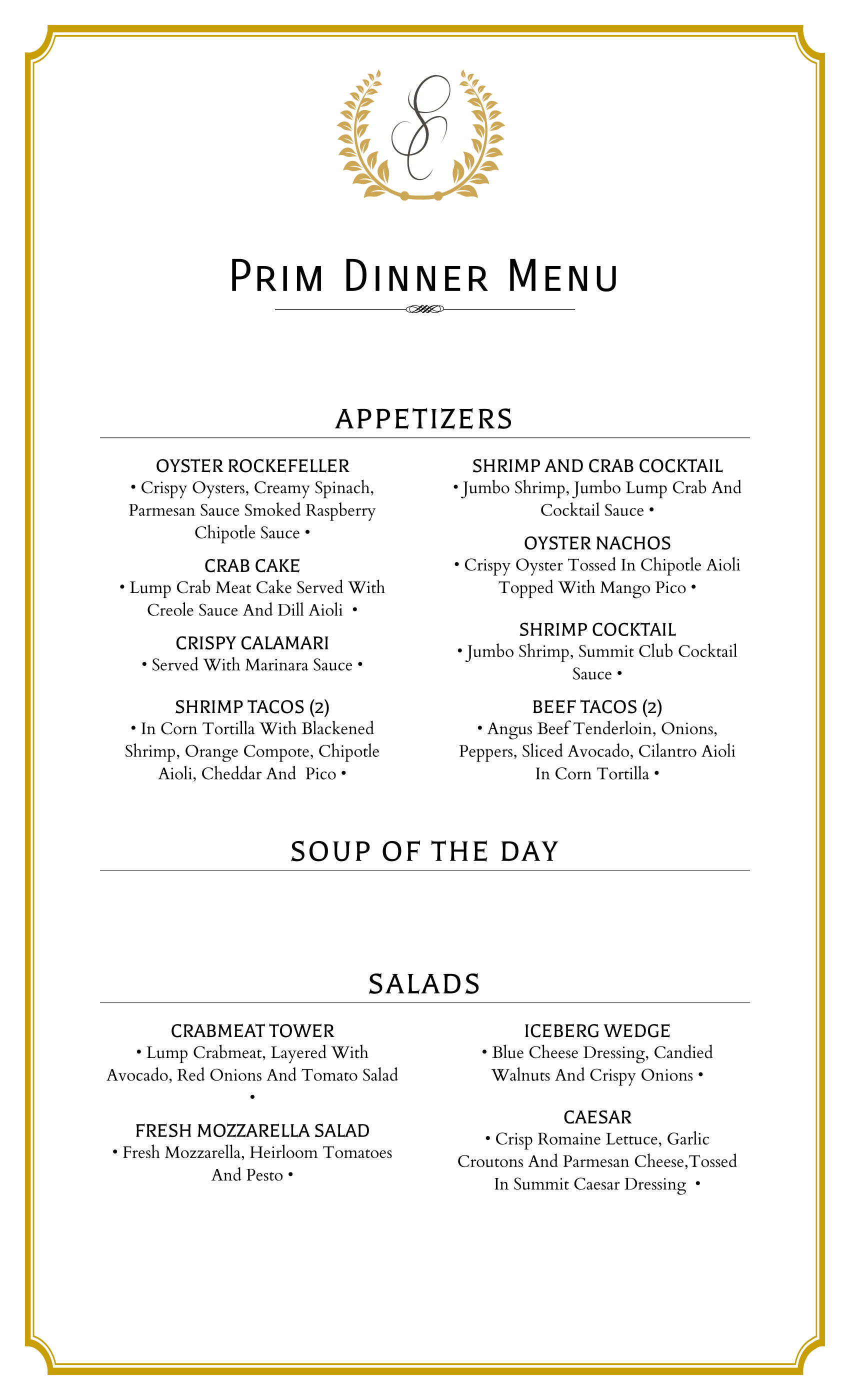 Summit Club Longview Menu