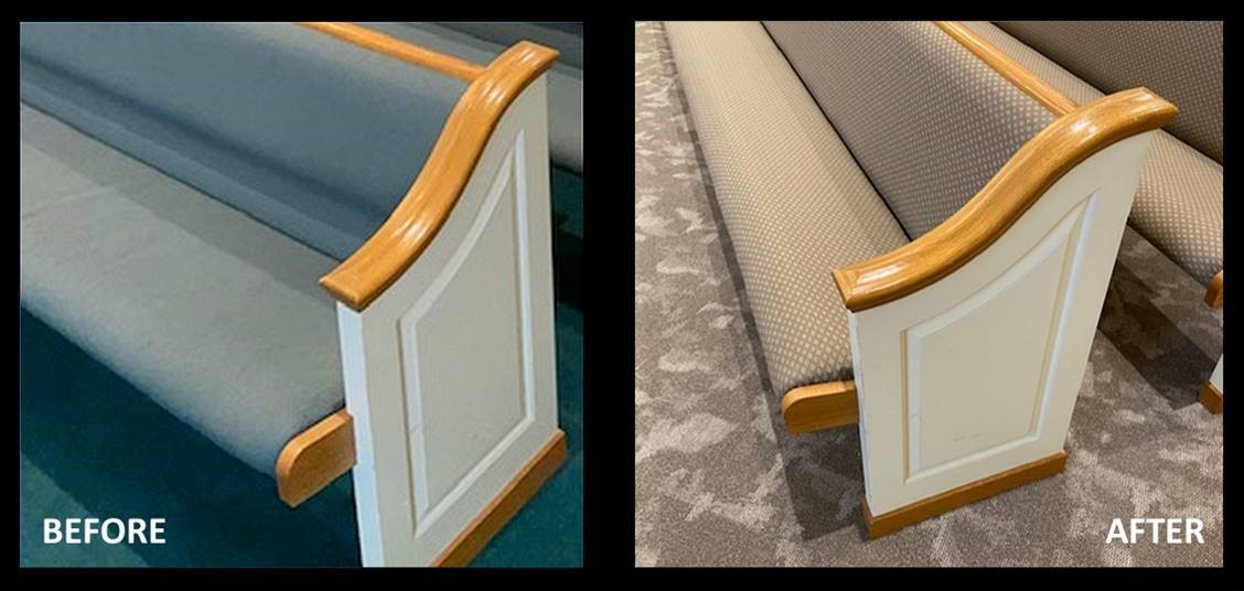 Reupholstered & Refinished Church Pew Project Samples