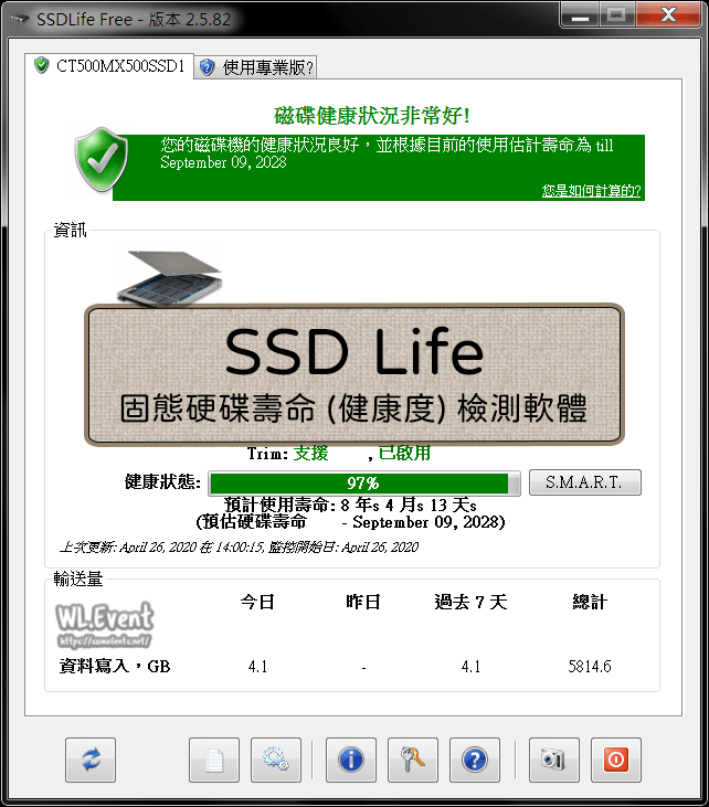 SSD Life v2.5.82 免費下載！簡單快速的 SSD 固態硬碟壽命 (健康度) 檢測軟體 WL.Event