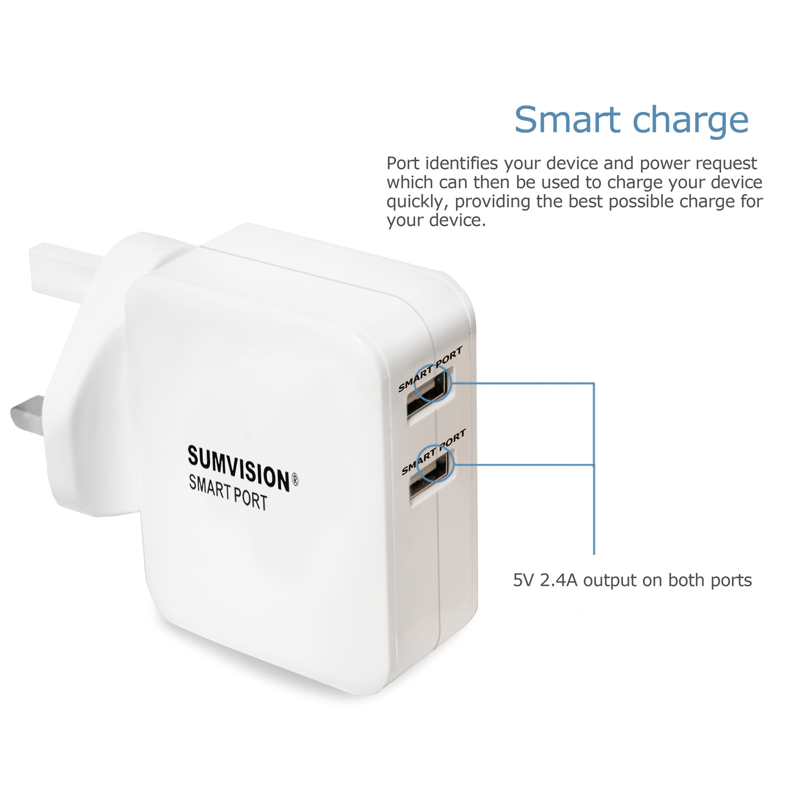 2 port wall charger with 2.4A smart charger Sumvision