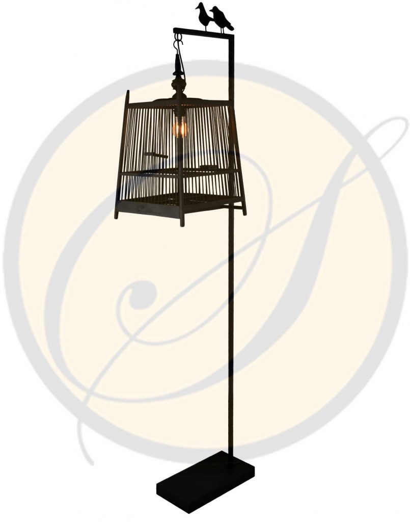 Birdcage floor lamp. Metal stand with original handmade birdcage.