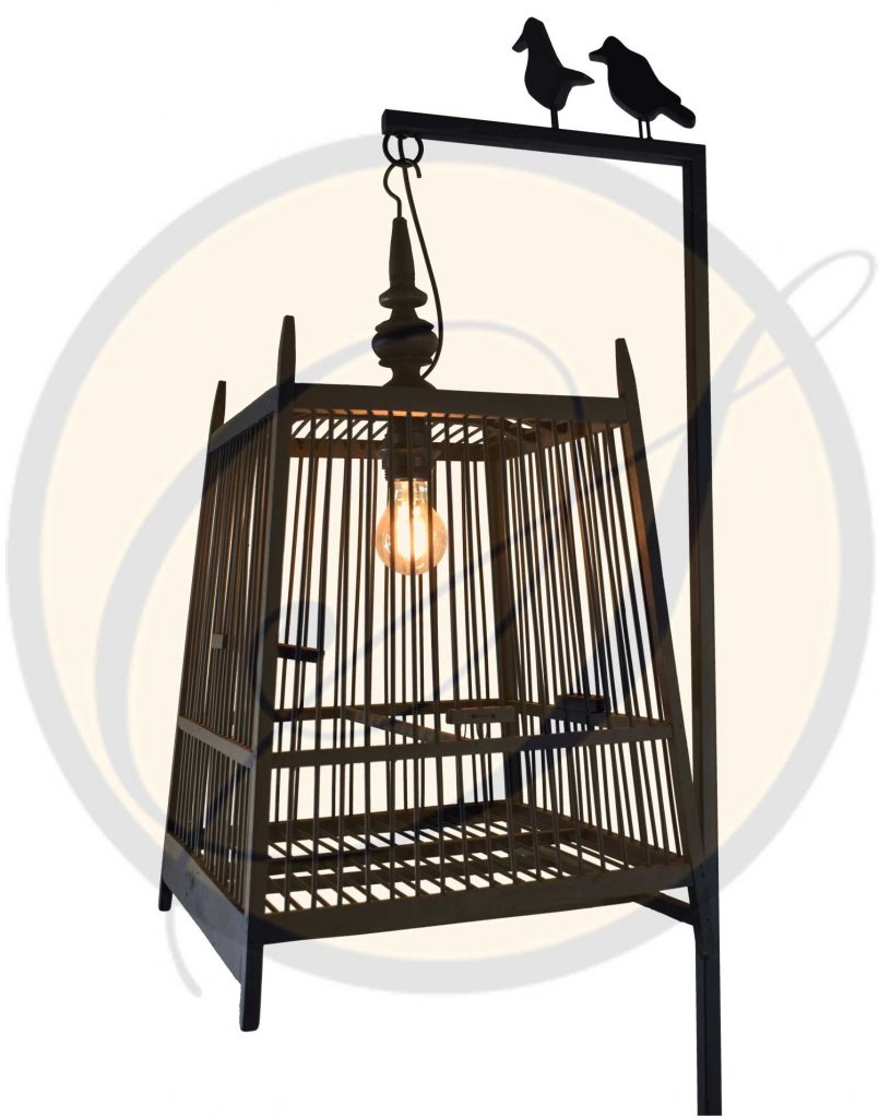Birdcage floor lamp. Metal stand with original handmade birdcage.