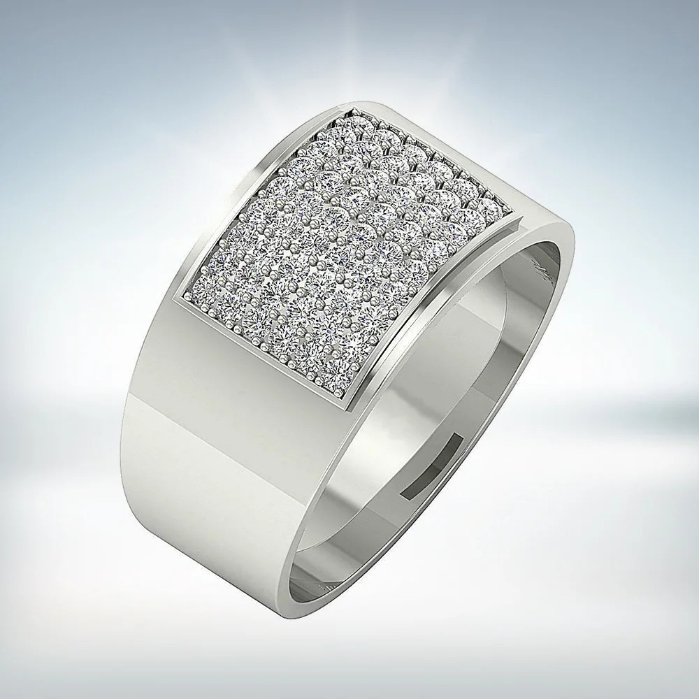 Mens Ring Anniversary 1.00Ct Pave Set Round Diamond Sterling Silver White Gold Finish Sunargi