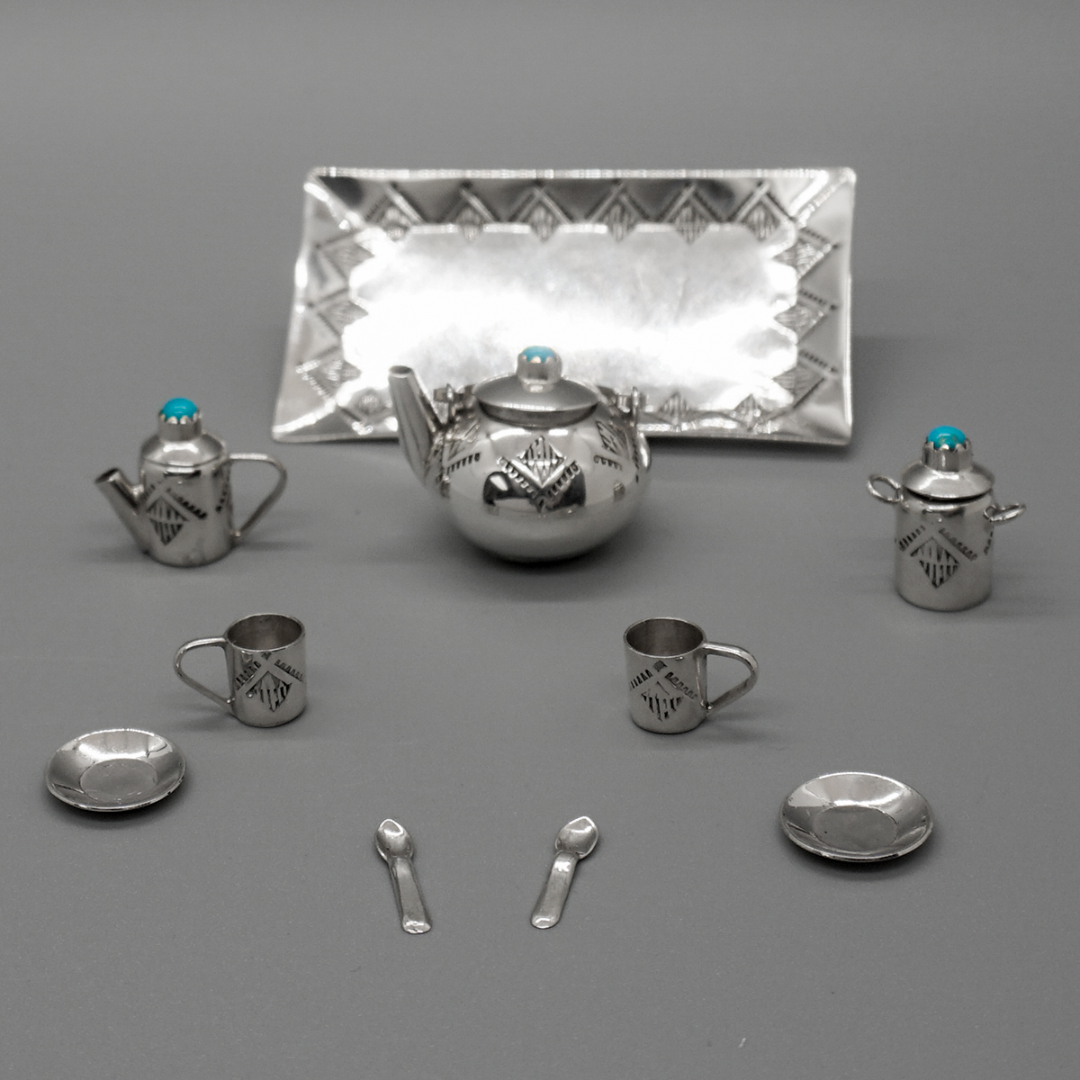 10 PIECE MINIATURE TEA SET STERLING SILVER with TURQUOISE by WESLEY
