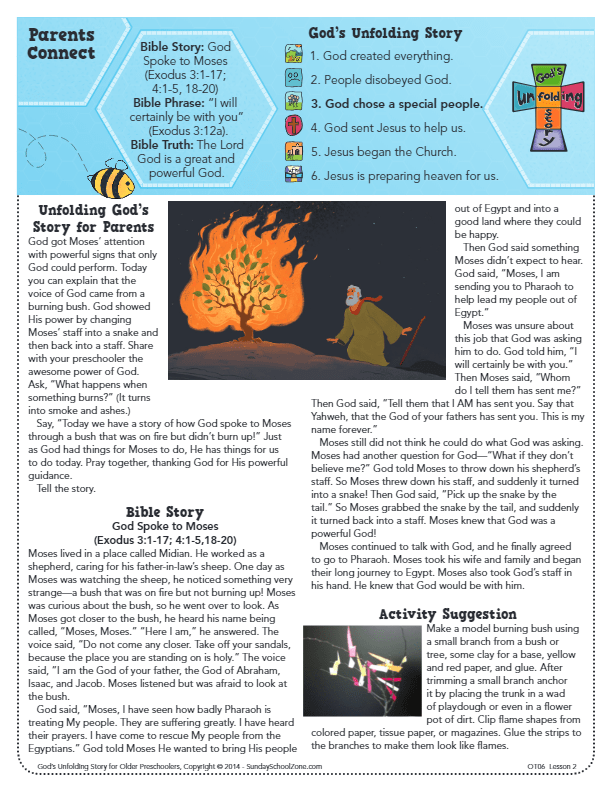 God Spoke to Moses Parents Connect Page Children's Bible Activities