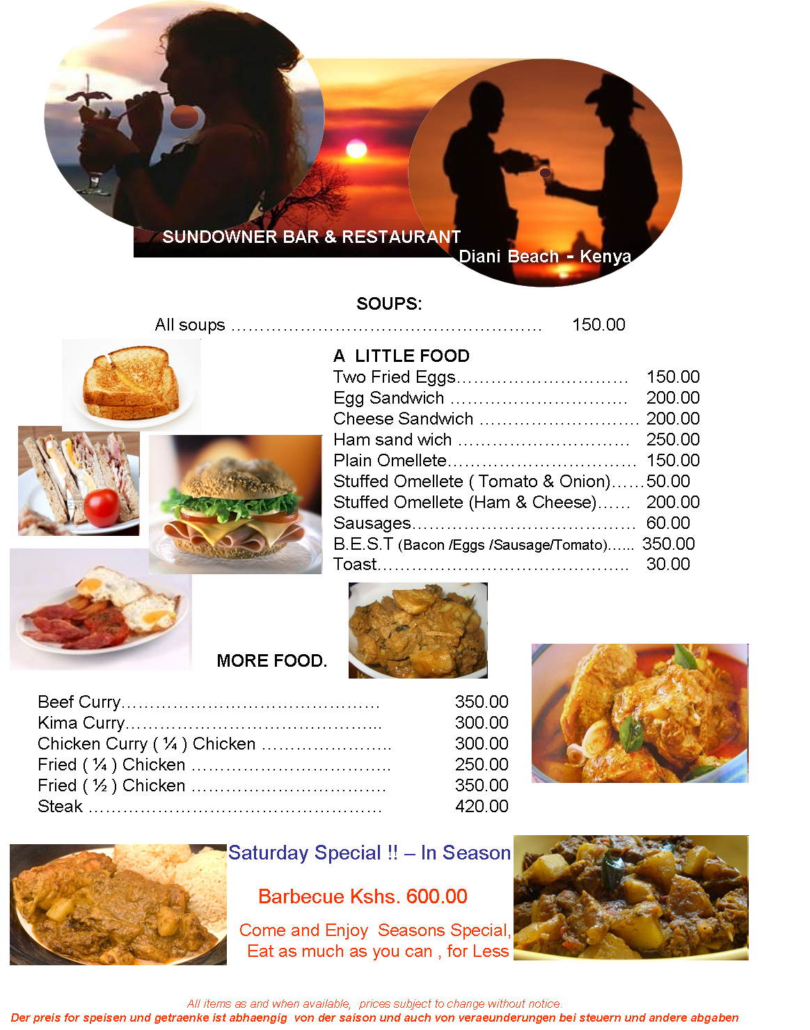 Menu Sundowner Diani Beach South Coast Kenya