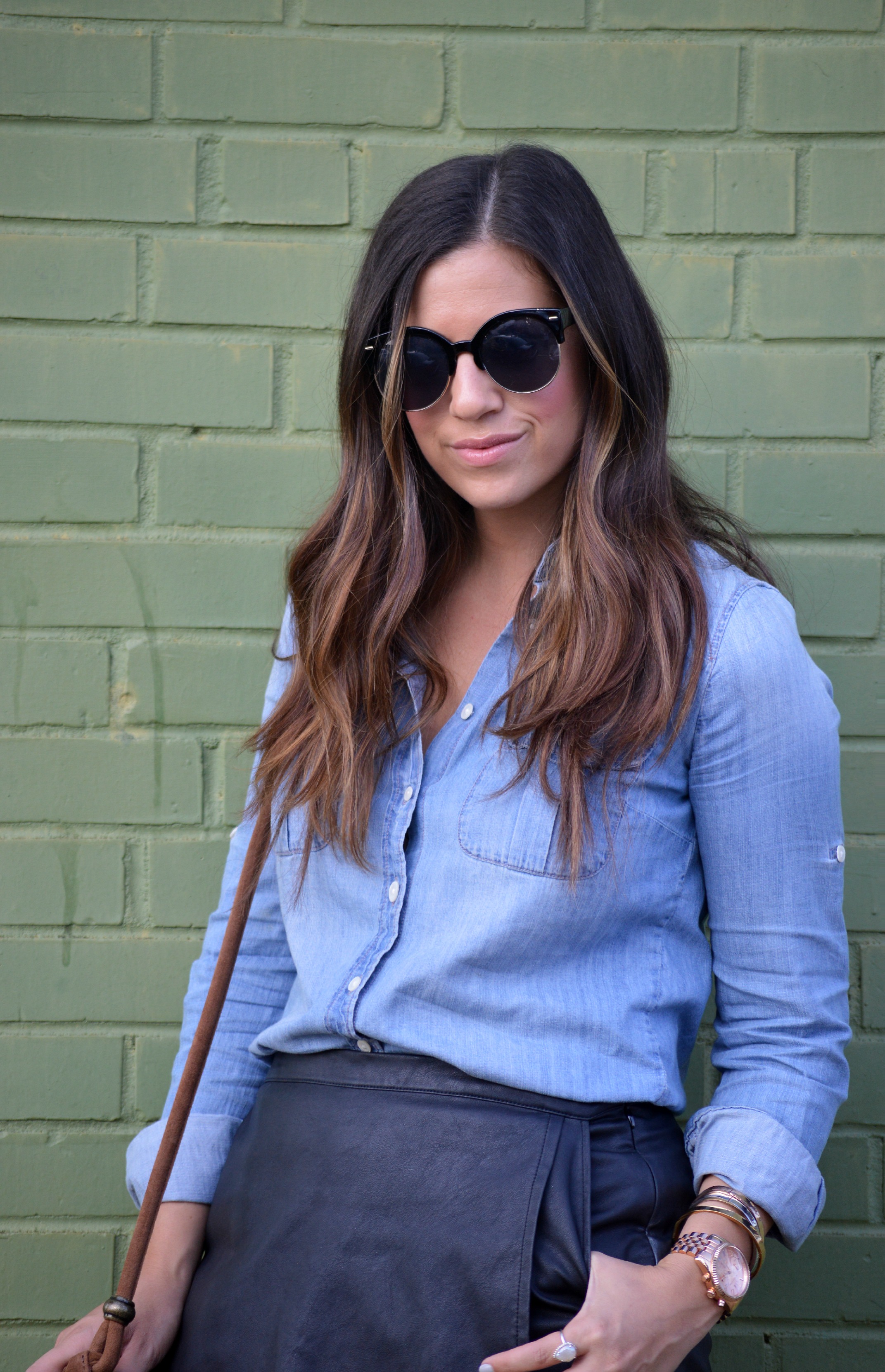 Denim Top & Leather Skirt