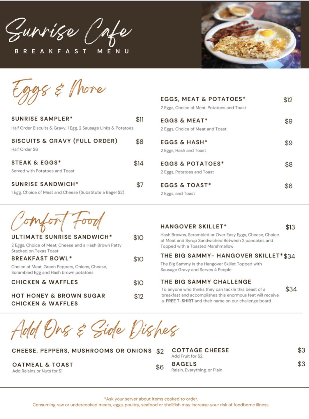 Menu Sunrise Cafe