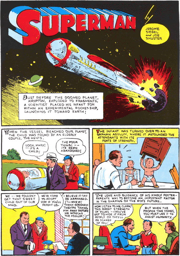 The Origin of Superman Page 1 by Jerry Siegel and Joe Shuster