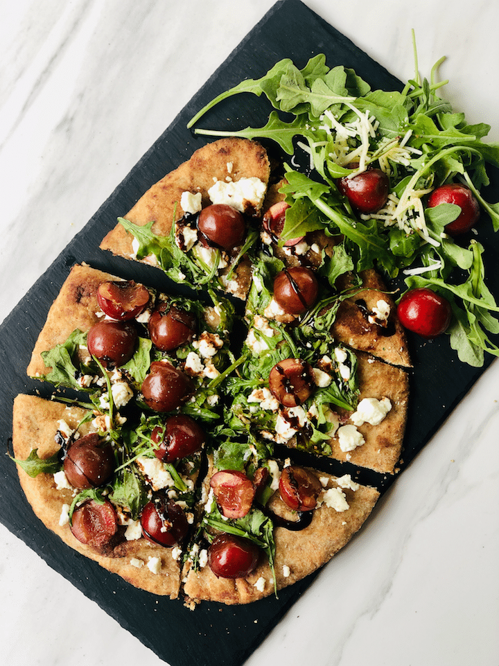 Grilled Cherry, Goat Cheese & Arugula Flatbread With Honey Balsamic