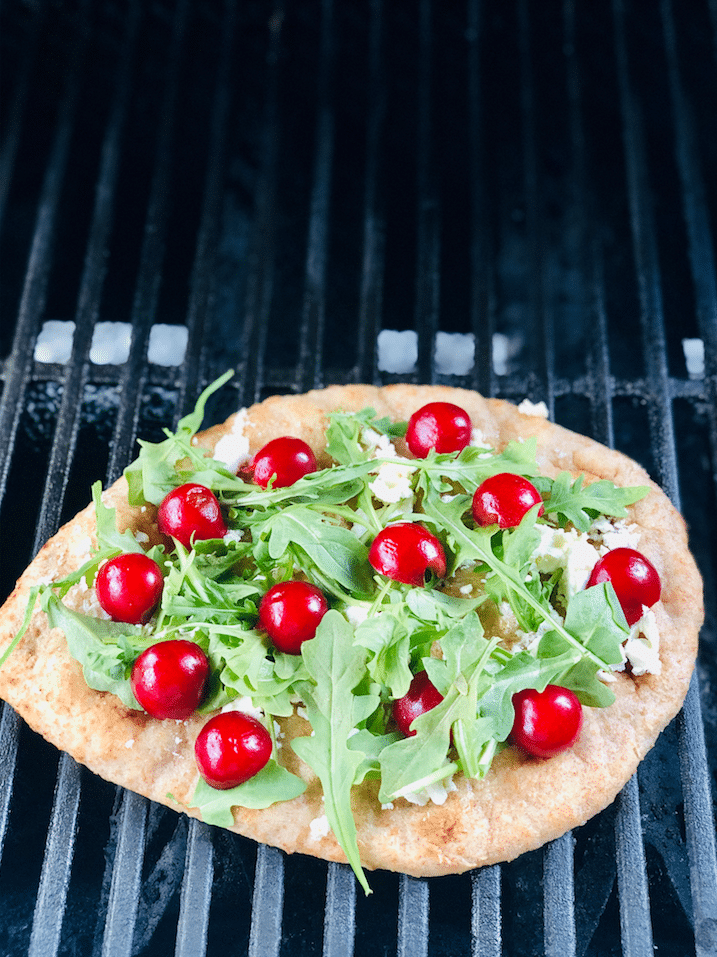 Grilled Cherry, Goat Cheese & Arugula Flatbread With Honey Balsamic