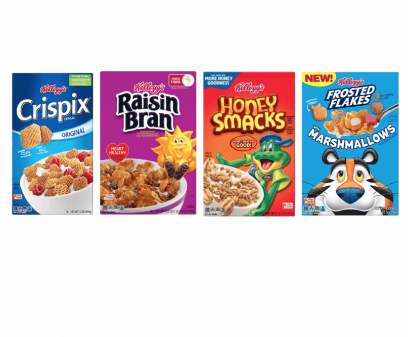 88¢ Kellogg's Frosted Flakes with Marshmallows, Crispix, Raisin Bran