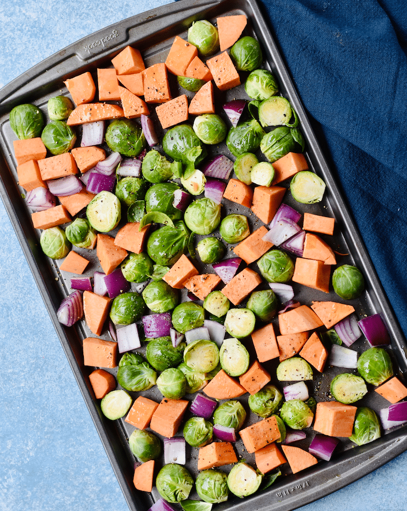 Orange Maple Roasted Brussels Sprouts and Sweet Potatoes With