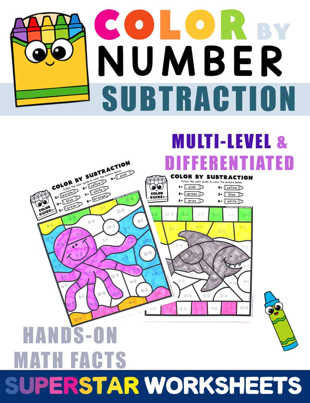 Subtraction Color By Number Superstar Worksheets