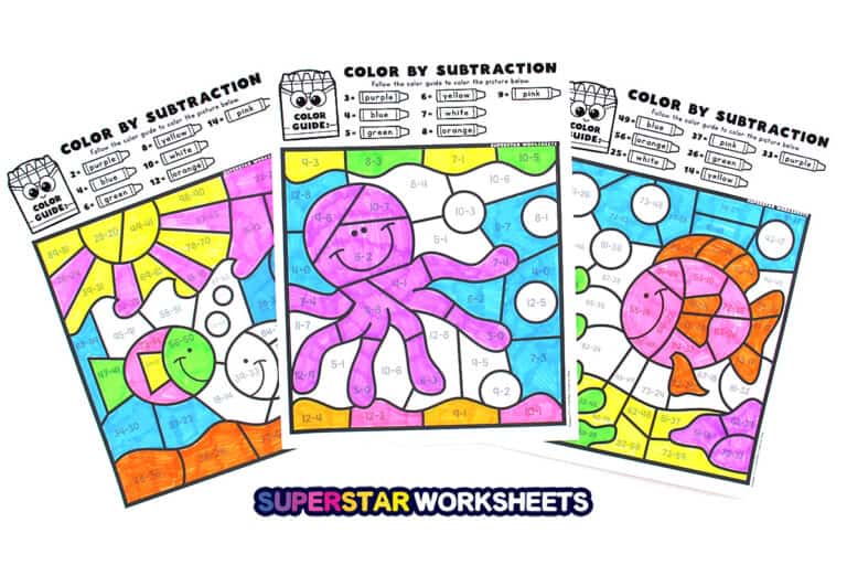 Subtraction Color By Number Superstar Worksheets