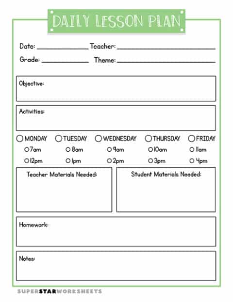 Lesson Plan Template (Free Printables) - Superstar Worksheets