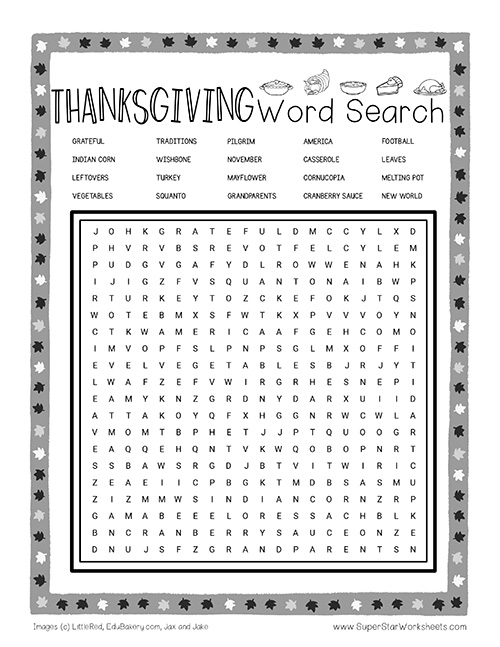 Thanksgiving Word Search Superstar Worksheets