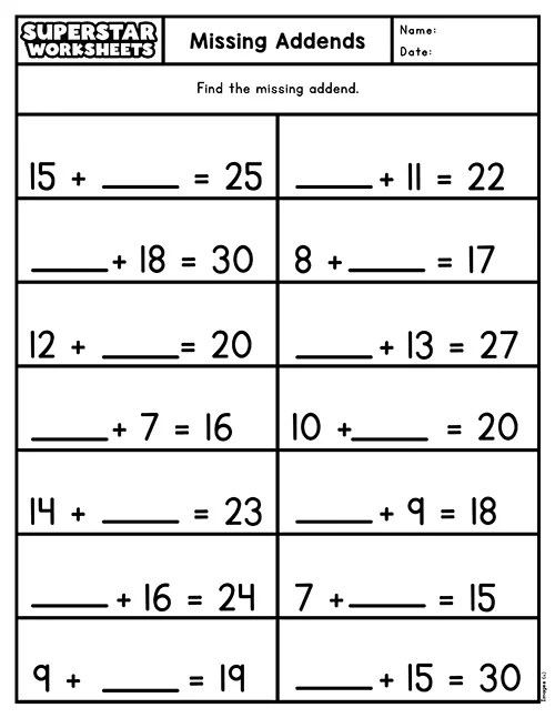 Missing Addend Worksheets - Superstar Worksheets